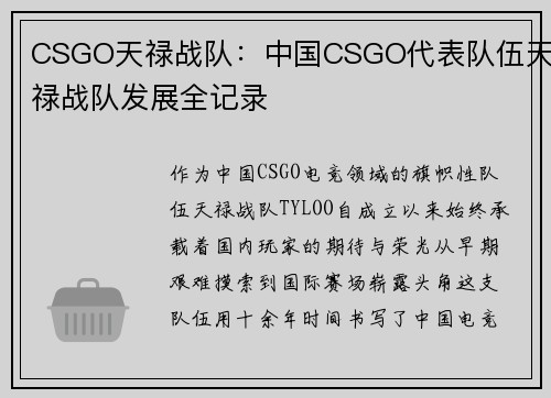 CSGO天禄战队：中国CSGO代表队伍天禄战队发展全记录