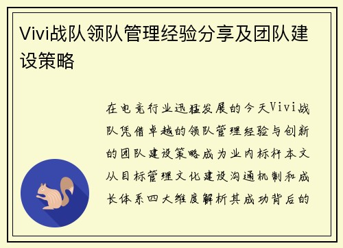 Vivi战队领队管理经验分享及团队建设策略