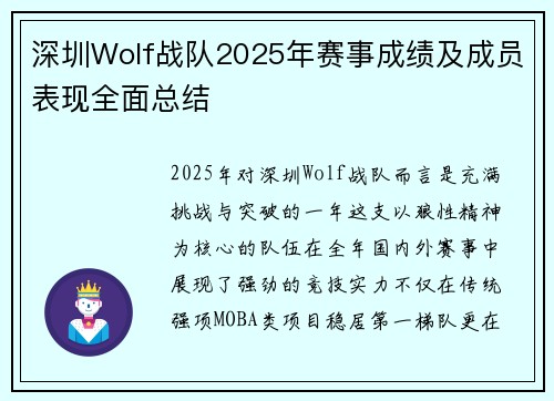 深圳Wolf战队2025年赛事成绩及成员表现全面总结